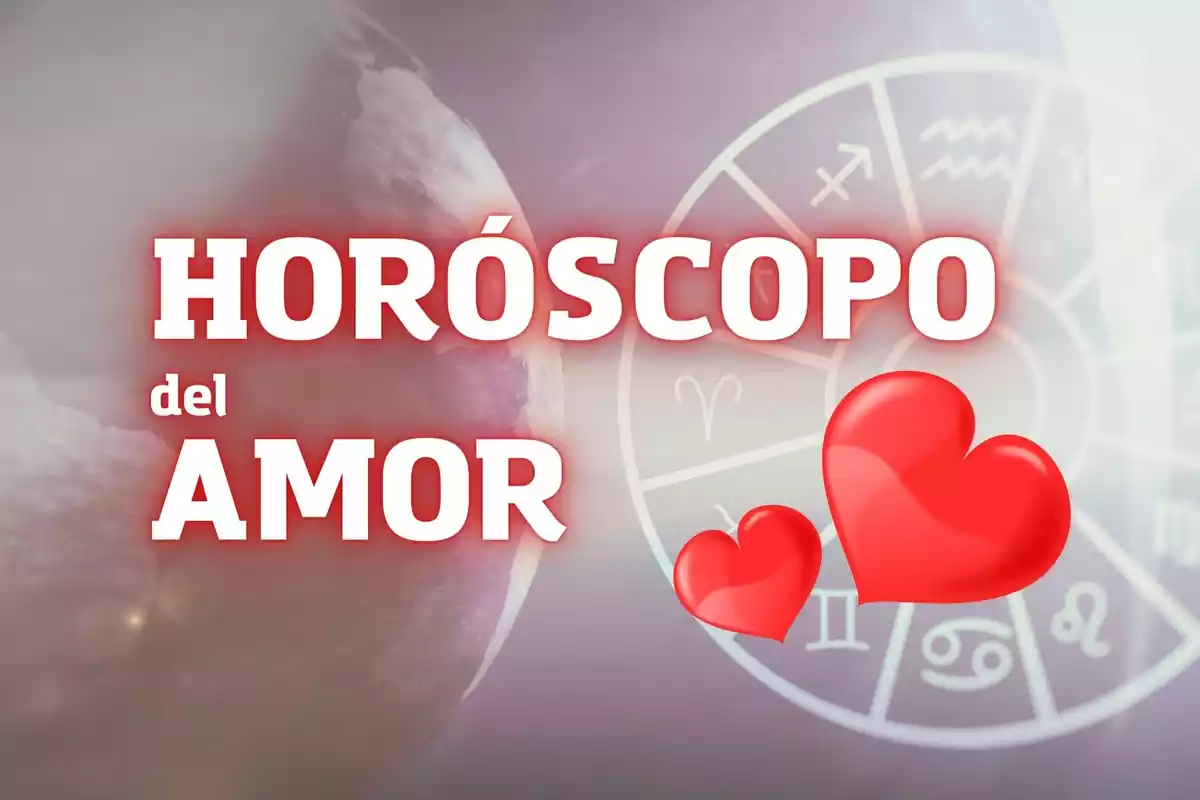 Imagen de una rueda del Zodiaco y dos corazones con la frase 'Horóscopo del Amor'