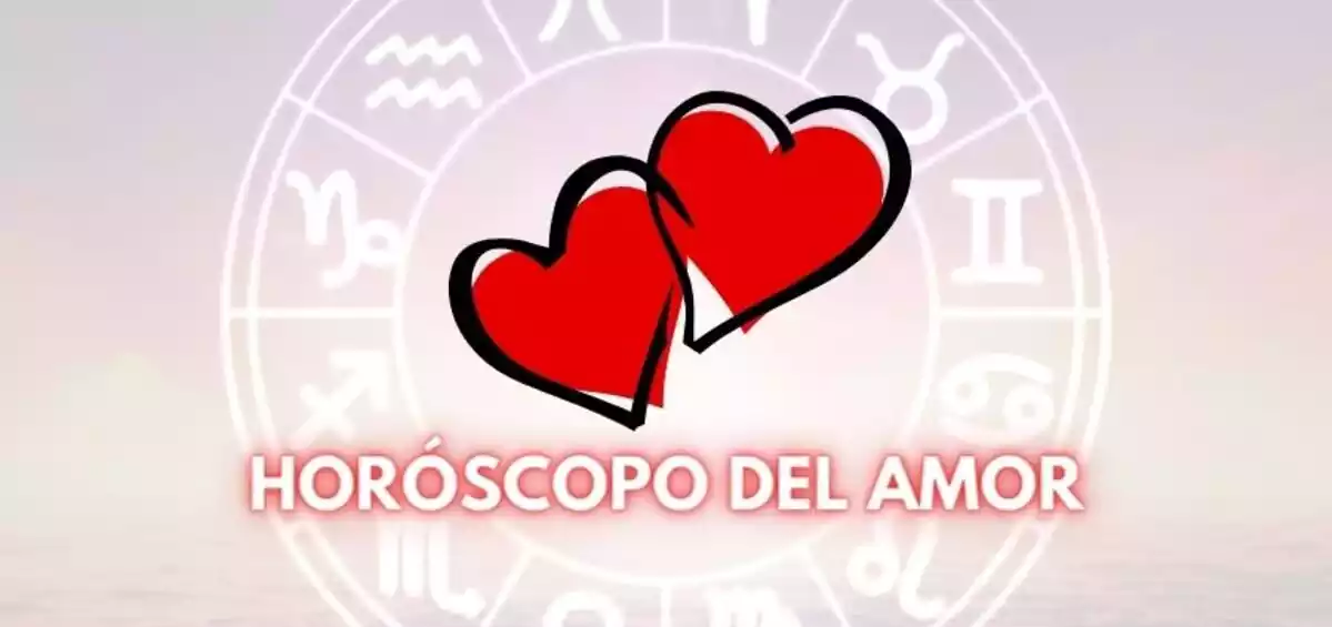 Una rueda con los símbolos de los 12 signos del Zodiaco y dos corazones rojos en el centro con la frase 'Horóscopo del Amor'